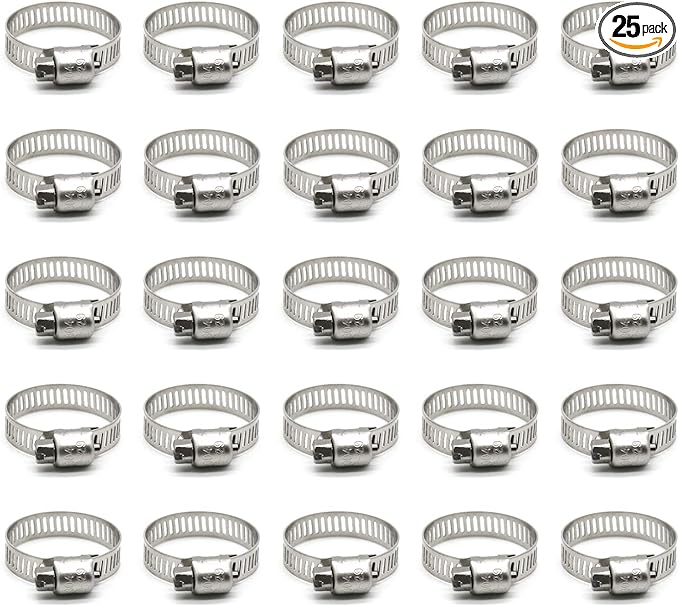 Hose Clamp, 1 Inch Stainless Steel Worm Gear fuel line hose clamps, 19-29mm (25pack)