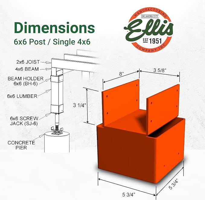 Ellis Manufacturing Company - Beam Holder for 6x6 Post - Supports 4x4 or 4x6 Cross Beam - Metal Shelf, Wall Mount Bracket for Construction, Garage, & Shelving Applications