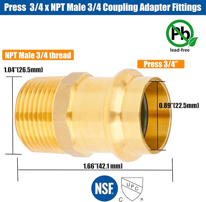 WHK 10 Pack 3/4" Press Propress x 3/4" NPT Male Adapter Fittings pressure Cooper Conenct to Male NPT Pipe（Lead-Free,Pro Press Copper to 3/4 Male NPT PIPE)