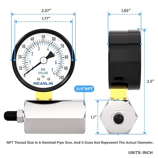MEANLIN MEASURE 0~100Psi 2" Steel Double Graduated Air Test Pressure Gauges, 3/4" FNPT Connection, -3-2-3% Accuracy