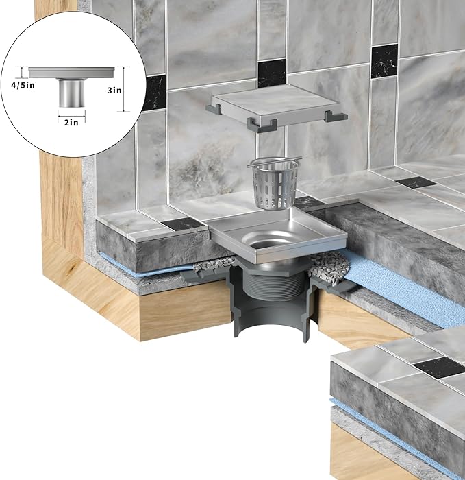 Square Shower Drain 6" with 2" PVC Flange Base, 304 Stainless Steel Tile in Floor Drain w/Tiled Insert Grate & Hair Catcher, CUPC Certified(Brushed Gold, 6'')