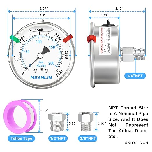 MEANLIN MEASURE 0~3000Psi Stainless Steel Liquid Filled Pressure Gauge 2.5" FACE DIAL 1/4" NPT for WOG Water Oil Air Back Mount with Stainless Steel Hex Bushing and Snaps