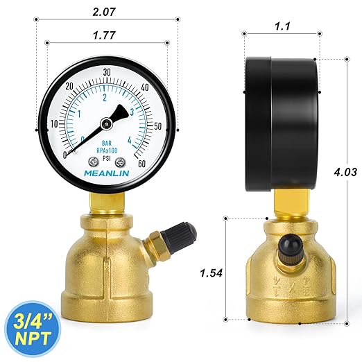 MEANLIN MEASURE 0-60Psi Forged Brass Air Test Pressure gauges, 3/4" FNPT Connection, 2" Double Graduated, Bell Shape Body Assembly, -3-2-3% Accuracy