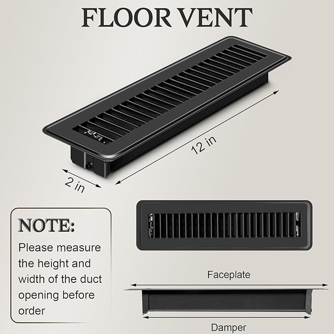 12 PCS Floor Vents Floor Registers 2x12 inch, Heavy Duty Metal Heat Air Vent Covers 2 X 12 with Rust Proof Finish for Home Office Wall Floor Registers Grilles & Vents (12, Black, 2x12 Inches)