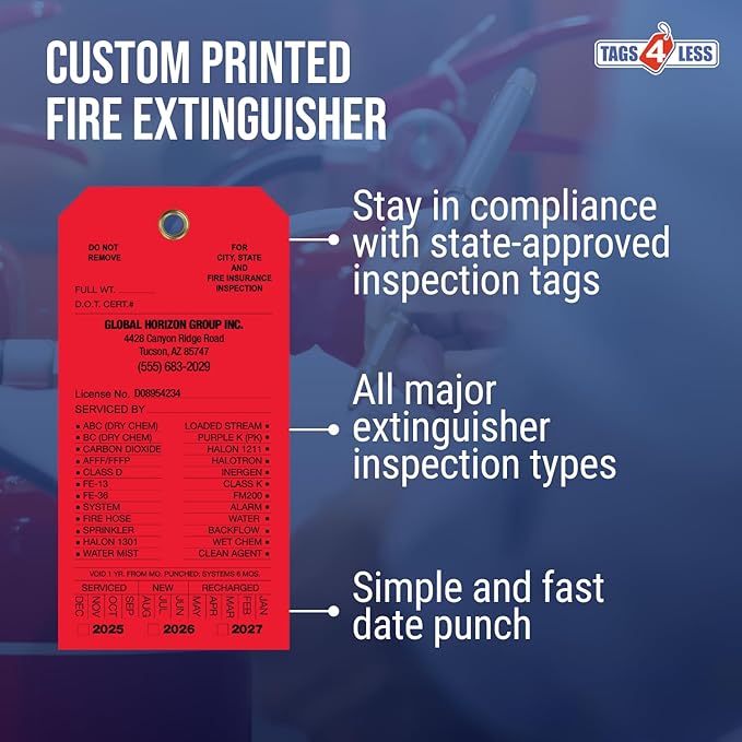 Tags 4 Less Custom Fire Extinguisher Tags – Preventative Maintenance Labels for Monthly Inspections, Alternative to Safety Sticker for Easy Record-Keeping – Pack of 100 (Red, Vinyl Plastic)