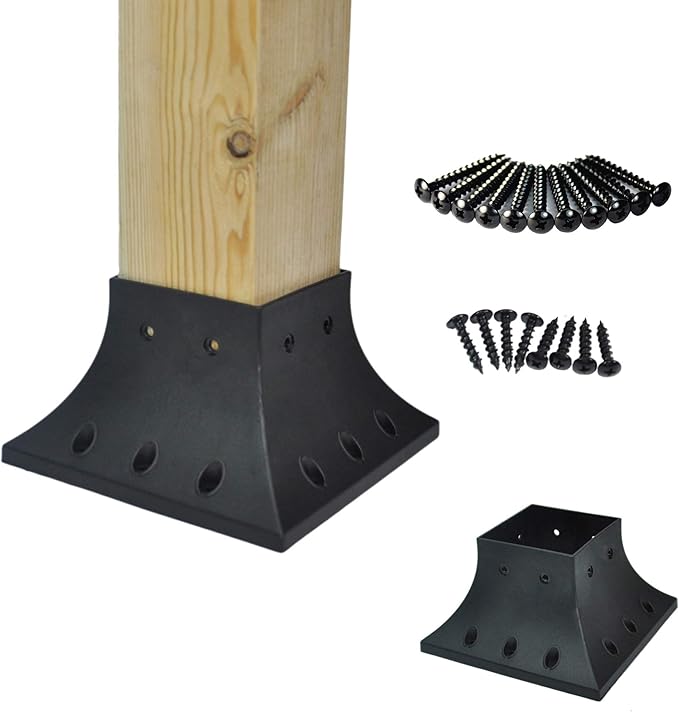 Myard PNP114040 4x4 Post Base Cover (Actual 3.5x3.5 Inches) Post Skirt Flange with Stainless Steel Screws, Post Bracket for Deck Porch Handrail Railing Support Trim Post Anchor (Qty 4, Black)