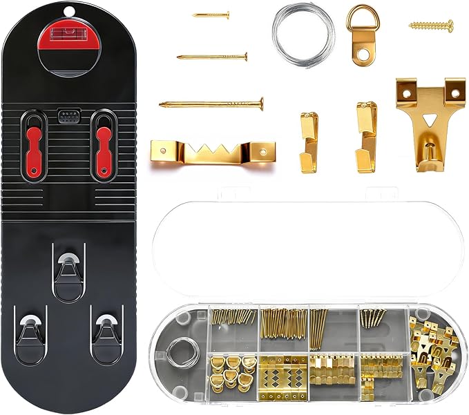 All-in-One Picture Hanging Tool Kit with Level, 104-Piece Photo Frame Hanging Tool, No Measurement Needed for Easy Picture Leveling, Perfect for Sawtooth Hangers, Wire Hangers, and D-Ring Hangers