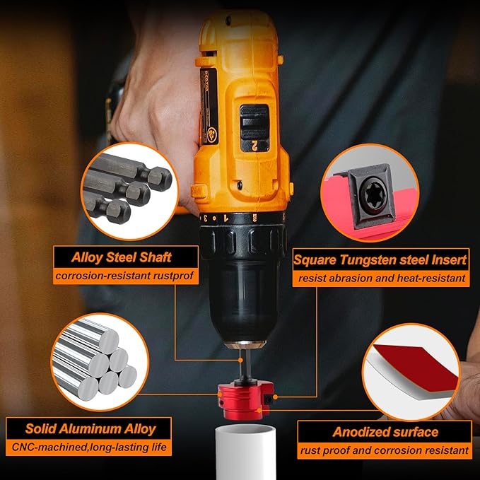 Double-Blade PVC Pipe Reamer Kit (1/2" to 4") 8PCS into Standard 1/2" Drills - Fits Sch.40 CPVC ABS Hub