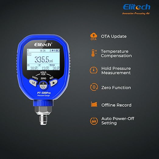 Elitech PT-500Pro Digital Pressure Gauge – HVAC Refrigeration Manifold Gauge with Bluetooth, Temperature Measurement, and Data Logging