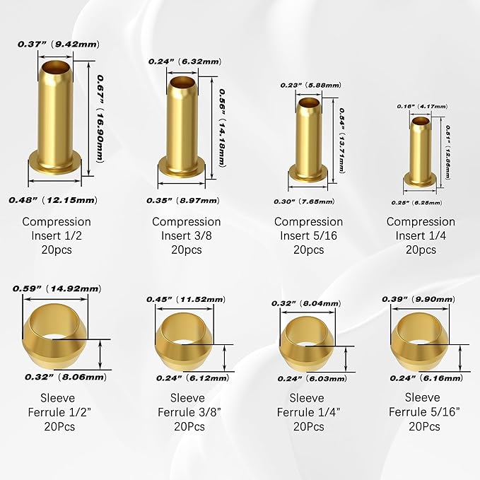 160 PCS Compression Fittings Assortment kit - 4 Sizes (1/4", 3/8", 5/16", 1/2") of Brass Compression Sleeve Ferrule & Insert - Used to Connect Lines for air,Water,Fuel,Oil and inert Gases
