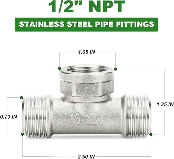 TAISHER 5PCS 304 Stainless Steel Tee Pipe Fittings, 1/2"" NPT Male x 1/2"" NPT Female x 1/2"" NPT Male Pipe Fittings, Female Branch Tee, Silver