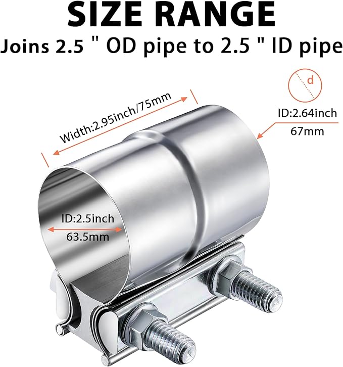2 Pack 2.5 Inch Lap Joint Exhaust Band Clamp, 2 1/2 Inch 304 Stainless Steel Exhaust Muffler Clamp, Exhaust Pipe Clamps Sleeve Coupler for Exhaust Pipes, Mufflers and Catalytic Converters