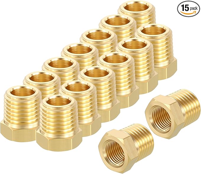 15 Pack Male to FeMale Adapters, 1/4" Male NPT x 1/8" FeMale NPT Brass Hex Bushing Reducer for Industrial, Automotive, Fluid Transfer, Home Gardening, Water Treatment