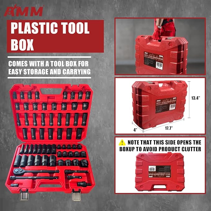 AMM 1/2-inch 66 Pieces Impact Socket Master Set, SAE & Metric from 5/16"-1-1/4",8-24mm, Shallow/Deep Socket Set with Ratched Hand, Extension Bar and Adapters，Cr-V steel