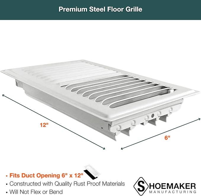 Shoemaker 6x12 Floor Register – Glossy White Heavy Duty Metal Floor Vent Cover for Home Floors - Premium Forced Air Vent Covers