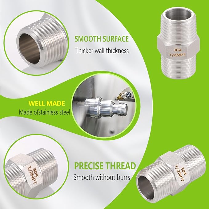 4PCS Hex Nipple 1/2" Male x 1/2" Male Pipe Fittings, 304 Stainless Steel 1/2 inch NPT Male Threaded Pipe Adapter Fittings, Male Straight Connector Pipe Fitting