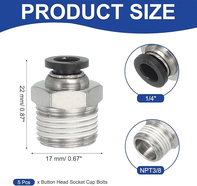MECCANIXITY 5 Pcs NPT Push to Connect Air Fittings, Male Straight 1/4" Tube OD x 3/8" NPT Thread Air Quick Connector Coupling Adapter for Gas Hose Pneumatic Tools, Black
