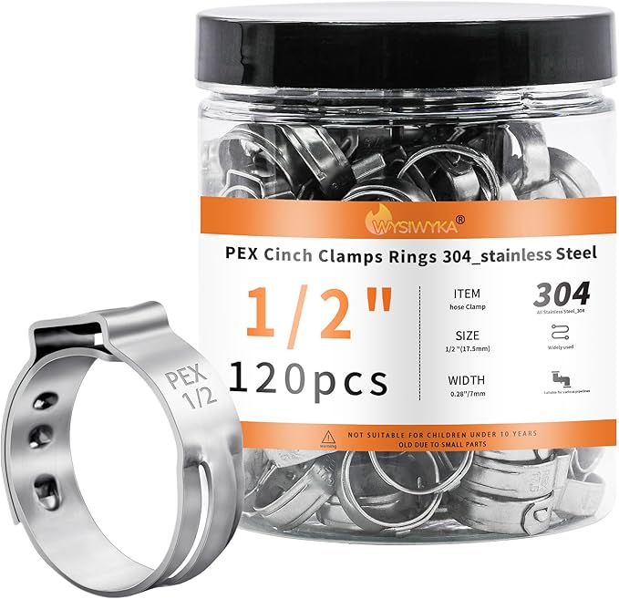 120pcs 1/2 inch PEX Cinch Clamps Rings, 304 Stainless Steel Single Ear Hose Clamps, Heavy Duty Pex Crimp Rings for PEX Tubing Pipe Fitting Connections