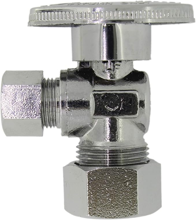 Angle Stop Valve 5/8" OD (1/2" Nominal) Compression x 3/8" OD Compression- Chrome Plated Brass ¼ Turn Angle Valve For Water Pipes, Toilets, Sinks- Lead-FreeWater Shut Off Valve, 5 Pack