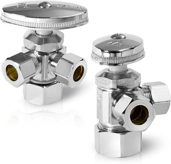 (Pack of 2) Seelink Multi-Turn Dual Outlet Angle Stop Valve, 1/2" NOM (5/8" OD) Inlet x 3/8" OD Outlet x 3/8" OD Outlet, Chrome Plated Brass