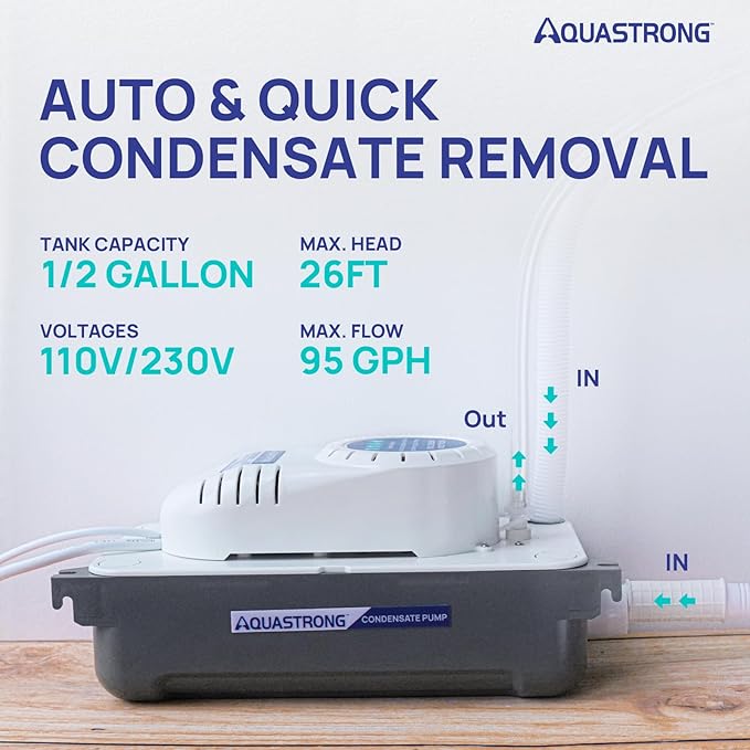 Aquastrong 1/30 HP 95 GPH HVAC Condensate Pump, 115V/230V, Automatic Safety Switch, AC Condensate Removal for Air Conditioner, Furnace, Dehumidifier, 3.3' Power Cord