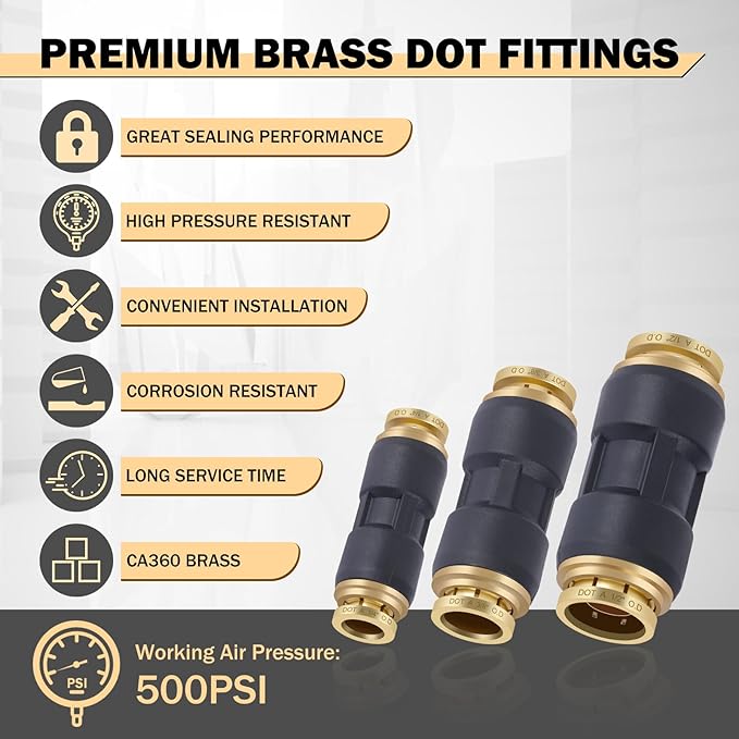CheeMuii 32 PCS DOT Air Line Fittings 1/4" 3/8" 1/2" DOT Push Lock Air Fittings Brass and Plastic Straight Unions Quick Connect Air Hose Fittings Repair Kit