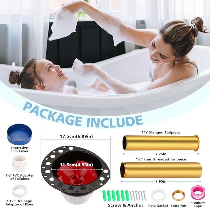 Freestanding Tub Drain Rough-in Kit, Bathtub Drain Kit with PVC Plastic Adapter and Brass Tail Pipes, Compatible with Freestanding Bathtub, Floor Mounted Bathtub and Copper Bathtub