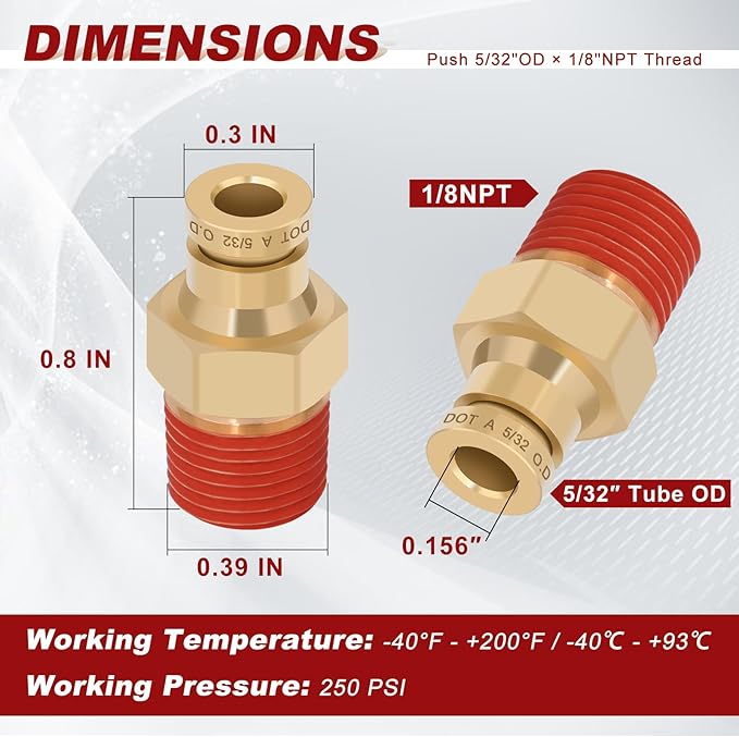 5/32" Quick Push to Connect Fittings Brass Union Straight Joint DOT Approved 5/32" Tube OD x 1/8" NPT Thread Air Line Adapter Air Suspension Kit for Truck Trailers and Air Brake System 10pcs