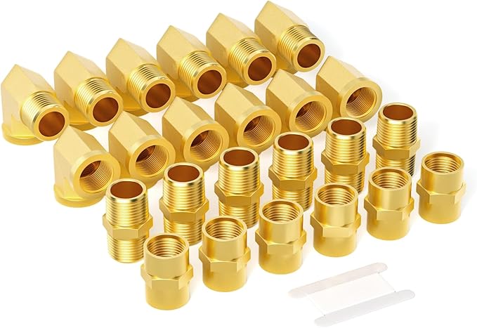 GASHER 24PCS 1/2 Inch NPT Brass Pipe Fittings, Hex Nipple, Hex Coupling, 90 Degree Barstock Street Elbow Air Hose Fittings