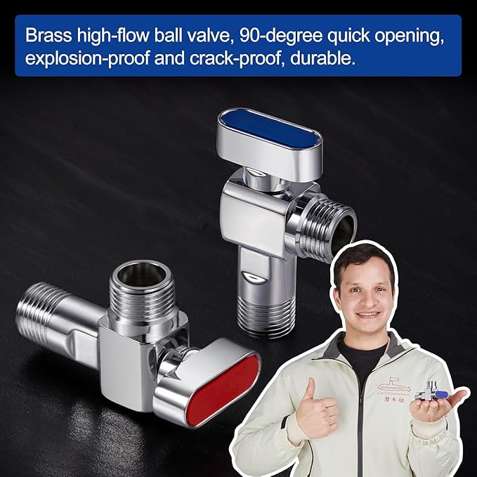 SUBMARINE 4-Pack 1/4 Turn Brass Angle Stop Valve Body & Core Control Hot and Cold Water without Leakage, 1/2'' Inlet and 1/2'' Outlet Caliber with 3/8'' Adapter for Kitchen and Bathroom-2 Red+2 Blue