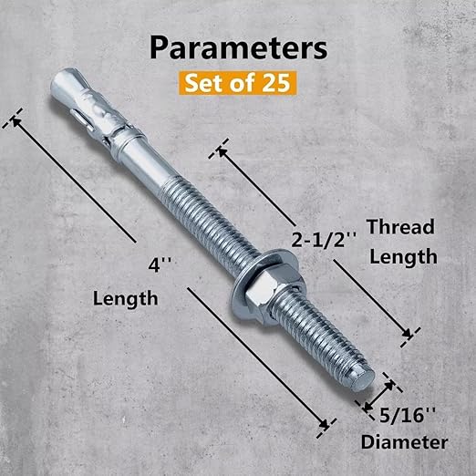 Party Animals 5/16 x 4 Inch Wedge Anchor, 25 PCs Zinc-Plated Industrial Anchor Bolts for Cement, Concrete