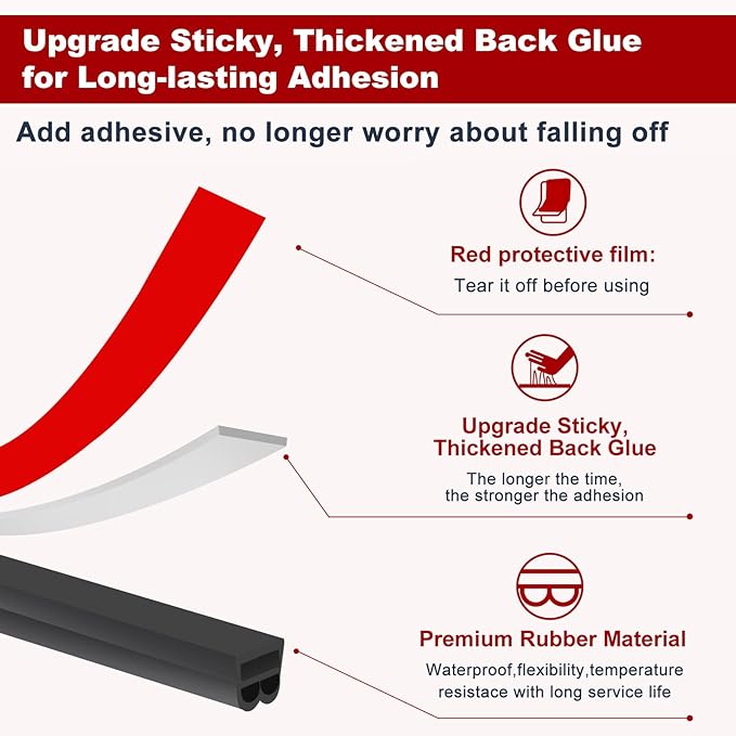 40FT Rubber Weather Stripping Door Seal, Self Adhesive Door Insulation Strip, Block Drafts, Multi-Layer Soundproof, Weatherstripping for Door Frame and Windows (Black)