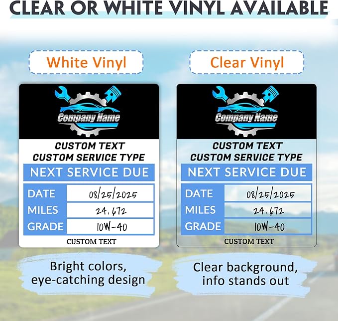 HDSD Custom Oil Change Stickers for Windshield Personalized Text/Logo,Clear and White Labels with Multiple Sizes, Suitable for Car and Transportation Vehicle Windows