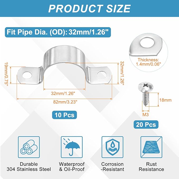 uxcell 10Pcs 32mm(1-1/4") Two Hole Rigid Pipe Strap, 304 Stainless Steel Conduit Clamp Thicken U Bracket Heavy Duty Pipe Clamp with Self-Tapping Screws for Fixing Tube Cable, Silver