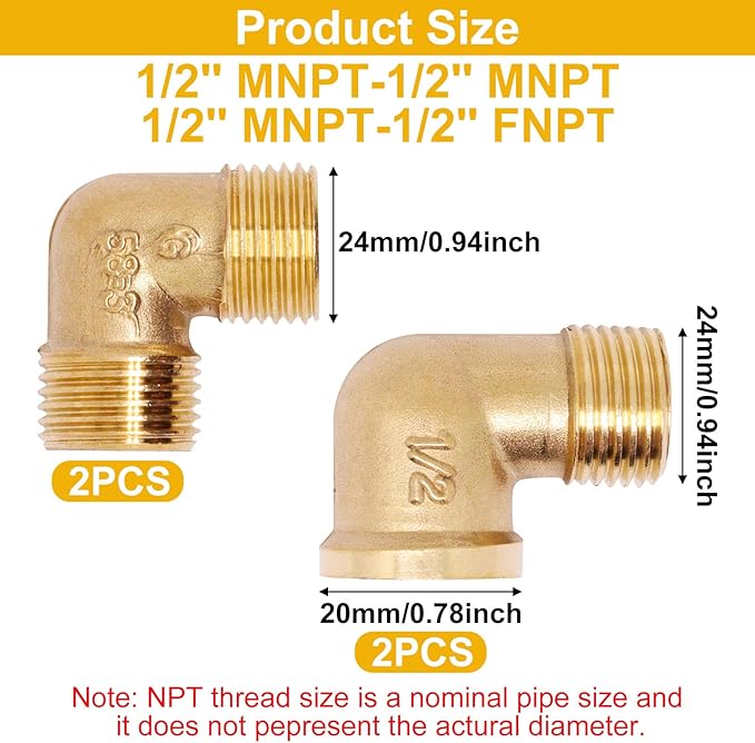 4pcs Brass Pipe Fitting 90 Degree Elbow 1/2" NPT (Male to Male) and (Male to Female) Pipe Fittings Kits