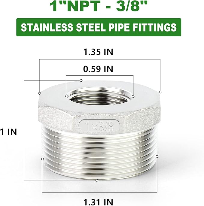 TAISHER 5PCS 304 Stainless Steel Reducer Hex Bushing, 1" NPT Male x 3/8" NPT Female, Reducing Pipe Adapter Fitting