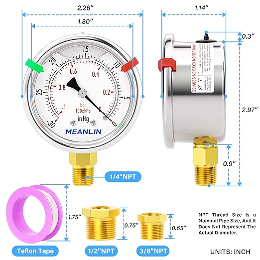 MEANLIN MEASURE -30inHG~0Psi Vacuum Gauge Stainless Steel Liquid Filled 1/4" NPT 2" FACE DIAL for Air Compressor HVAC Negative Pressure Hand Pump Pool Lower Mount, with Hex Bushing and 2PCS Snaps