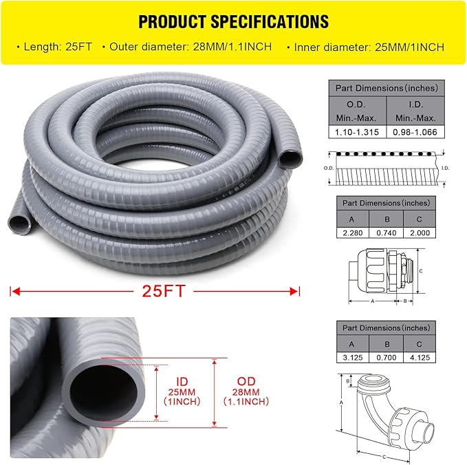 DWALE Liquid-Tight Conduit and Connector Kit,Flexible Non Metallic Liquid Tight Electrical Conduit,1inch25ft Electrical Conduit Kit,with5 Straight and3 Angle Fittings Included,1 in. Dia (25FT)