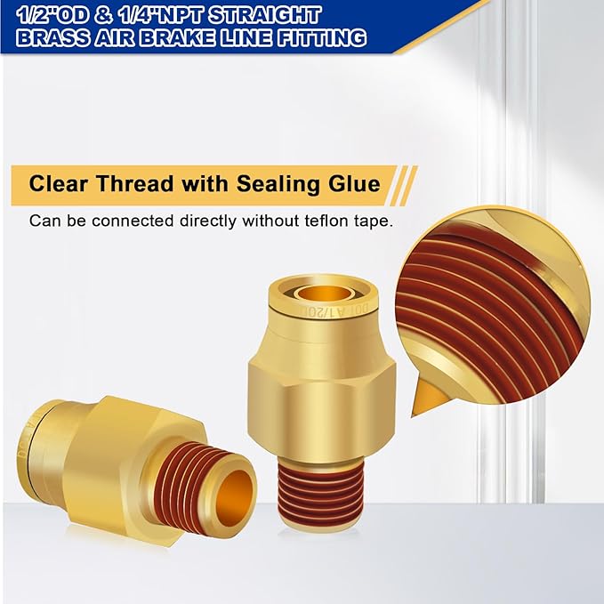 1/2" Brass Push to Connect DOT Air Brake Fittings, 3PCS Air Line Quick Connect Fittings 1/2" Tube OD x 1/4" NPT Connector Tube to Male Pipe for Truck Trailers Air Brake System