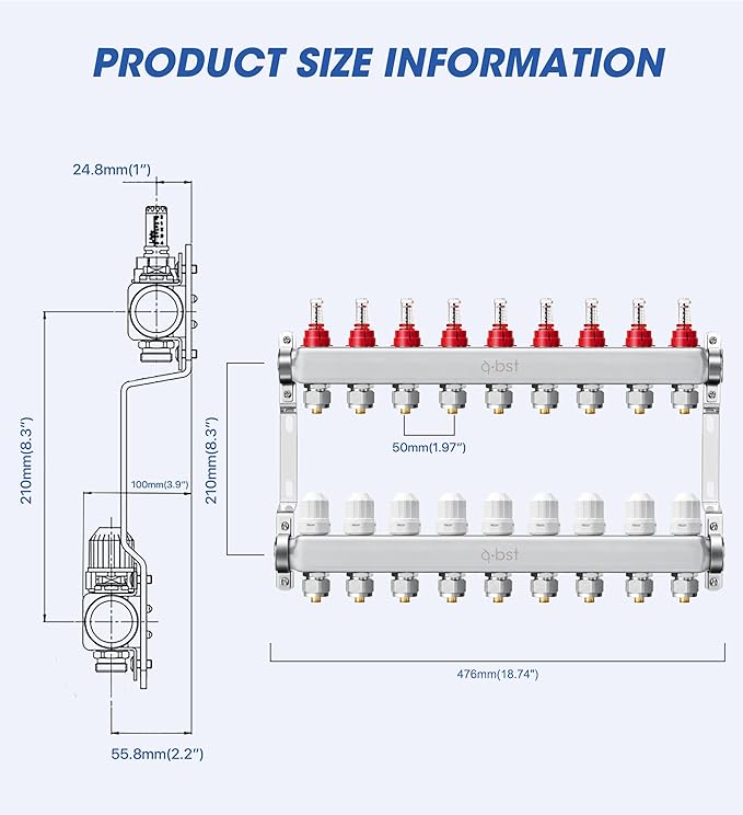 ABST PEX Manifold,9 Loop Stainless Steel Floor Radiant Heat Manifold Kit with 1/2" Adapters Included for Hydronic Radiant Floor Heating