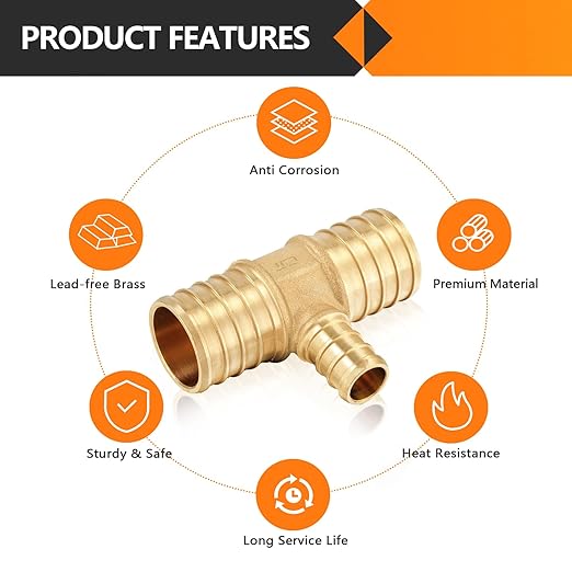 10-Pack HeSun PEX Fittings, 1"x1"x1/2" Pex Tee, Brass Crimp Fitting for ASTM F1807(PEX1807086-10)