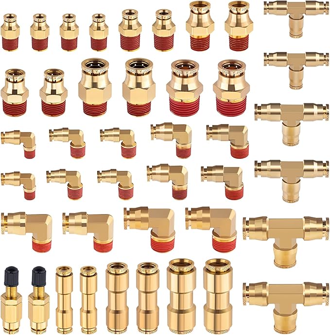CheeMuii 43 PCS Brass DOT Air Brake Line Fittings 1/4" 3/8" 1/2" Push to Connect Fittings Quick Connect & NPT Thread Tube Air Hose Fittings Repair Kit for Truck or Industrial Air System