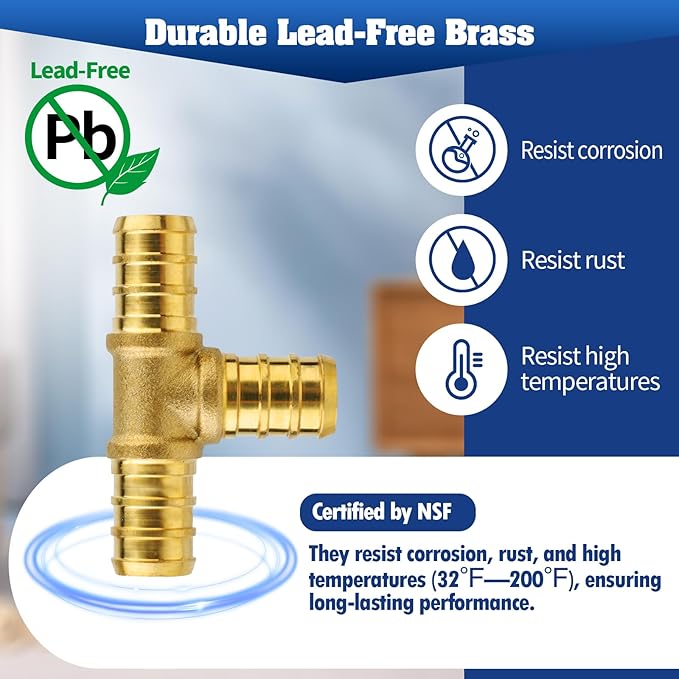 1/2 Inch PEX Fittings, No Lead Brass, 40-Piece Set (10 Tees, 10 Elbows, 10 Couplings, 10 Clamp Rings) for Hot & Cold Water, Compatible with PEX-A, B, C