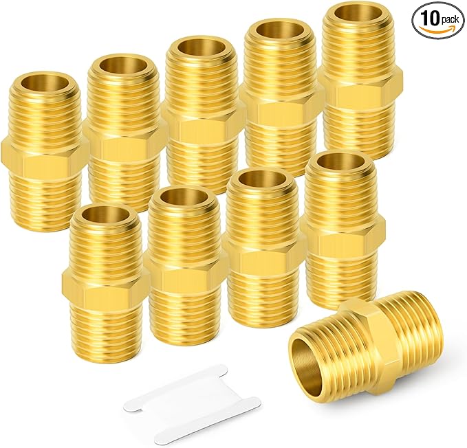 GASHER 10PCS Brass Hex Nipple, 3/4-Inch Male Pipe x 3/4-Inch Male Pipe Fitting
