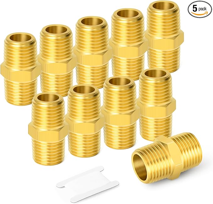 GASHER 5PC Brass Pipe Fitting, Reducing Hex Nipple, 1/2-Inch Male Pipe x 1/2-Inch Male Pipe