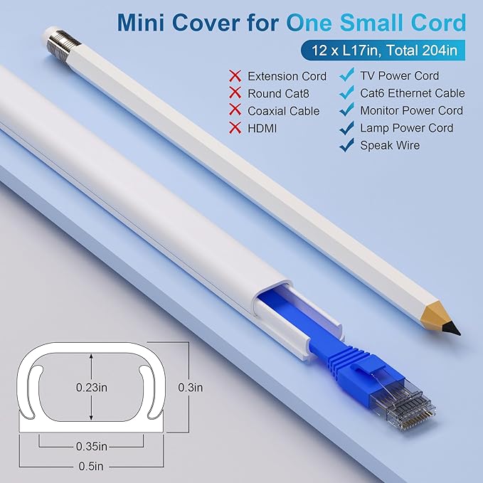 ZhiYo 204in Cord Covers for Wires on Wall, One Small Cord Hider Wall, Self-Adhesive TV Cable Hider, Paintable Wire Covers for Cords, Beige Cable Management Raceway Kit, 12x L17in W0.5in H0.3in