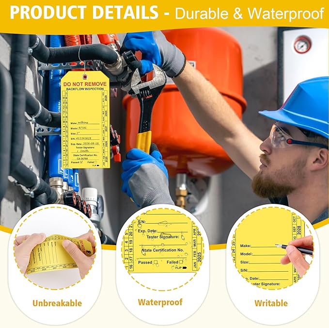 100 PCS Waterproof Backflow Inspection Tags 2.6 x 5.2 Inch Heavy Duty 18 Mil Writable Plastic Tags with Iron Wire & Pen Double-Sided Printing Pre-Punched Holes Maintenance Record for Backflow (Yellow)