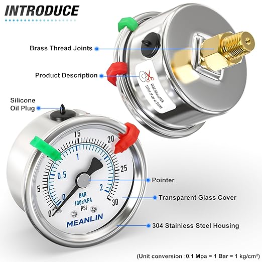 MEANLIN MEASURE 0~30Psi Dry Low Pressure Gauge Stainless Steel 1/4" NPT 2" FACE DIAL Waterproof for Pool Sand Filter Water Oil Air Pressure Test Back Mount (with 2PCS Snaps)
