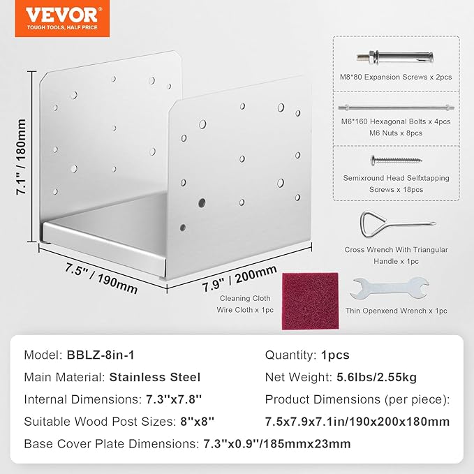 VEVOR 8"x 8" Post Base, 1Pcs Stainless Steel Adjustable Post Anchor Bracket(Internal 7.8 x 7.3"), Adjustable Post Base for Pavilion Deck Porch Handrail Railing Support Decorative Anchor Plate
