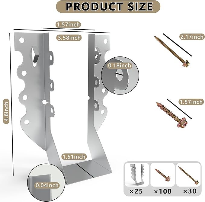 25pcs 2x6 Joist Hangers with Screws, 20-Gauge Galvanizing Face Mount Joist Hanger for Wood Posts, Hurricane Rafter Ties Clips, 2x6 Brackets for Floor Deck and Ceiling Trusses, Lumber Beam Connectors